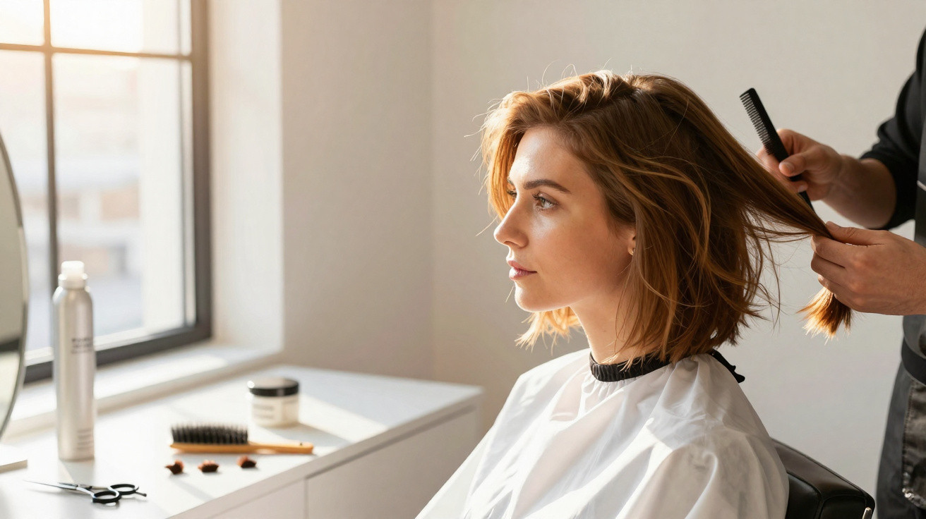Mulher de cabelo curto loiro a ser penteada por cabeleireiro num salão com luz natural.