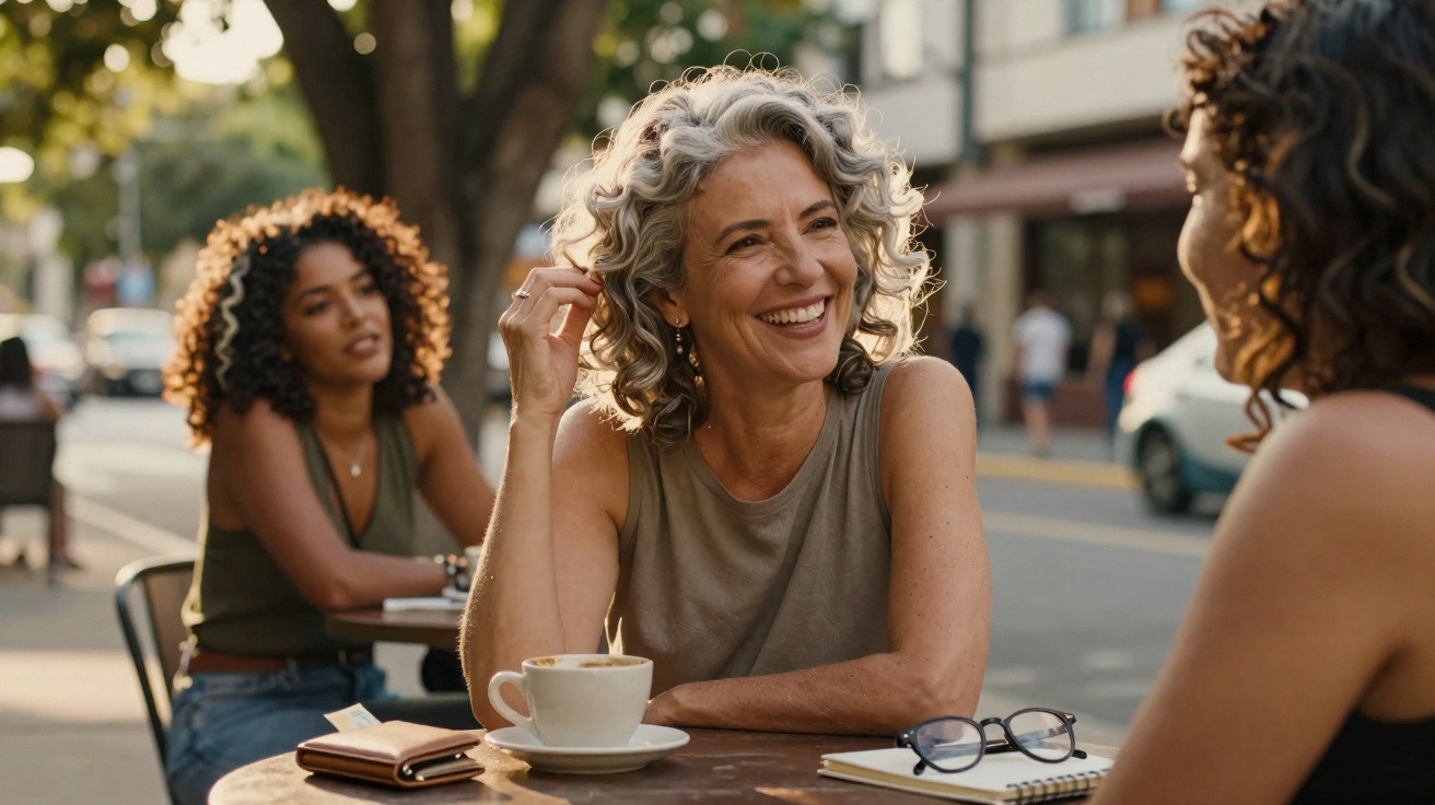 Duas mulheres sorridentes sentadas numa esplanada a conversar, com chávena de café e óculos sobre a mesa.