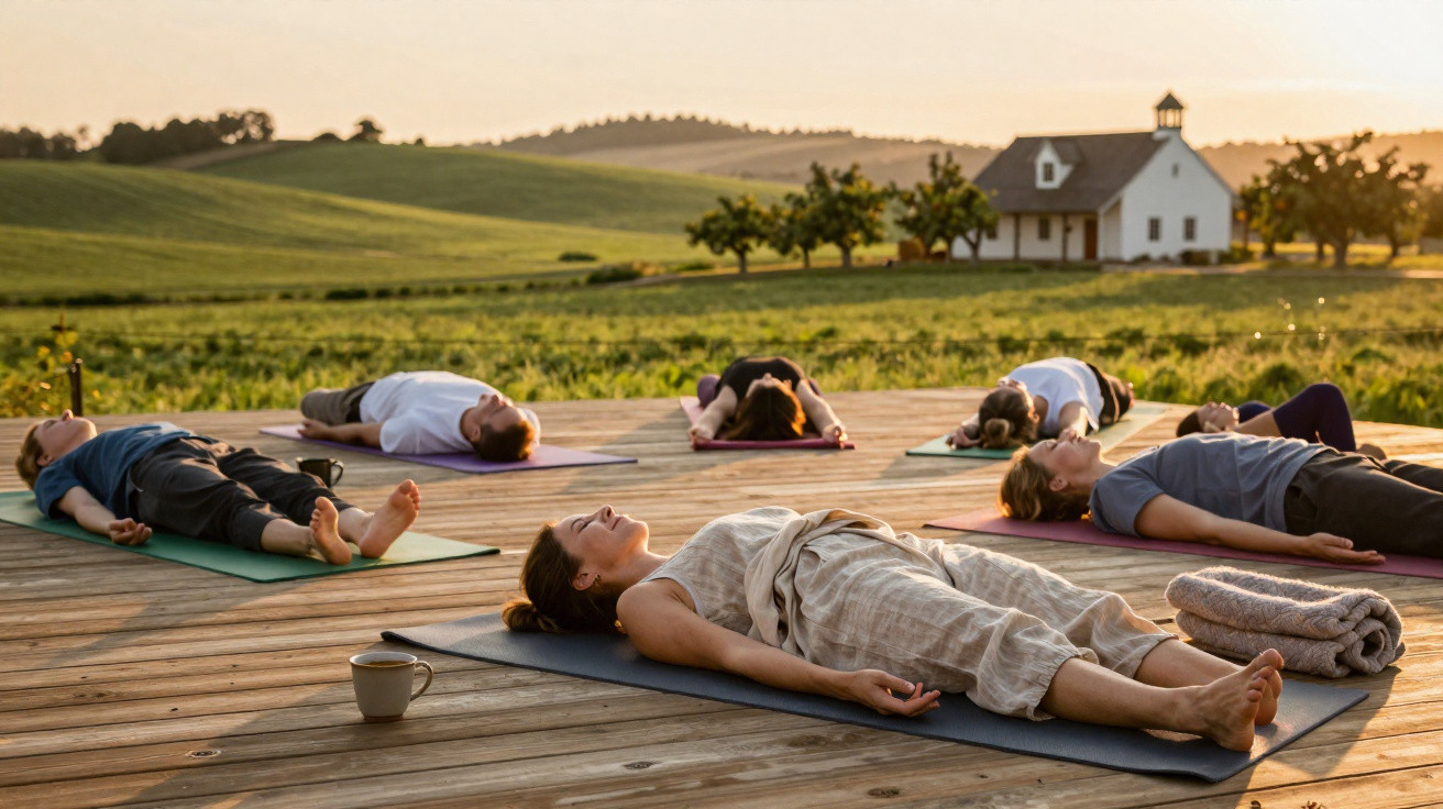 Grupo de pessoas a relaxar deitadas em tapetes de yoga ao ar livre numa plataforma de madeira ao pôr do sol.