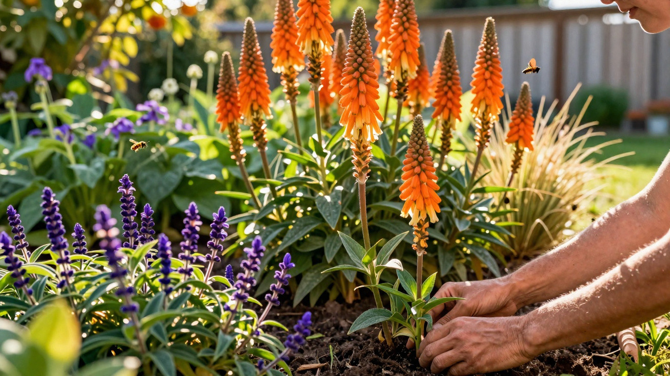 Pessoa a cuidar de um jardim com flores laranja e roxas sob luz solar suave.