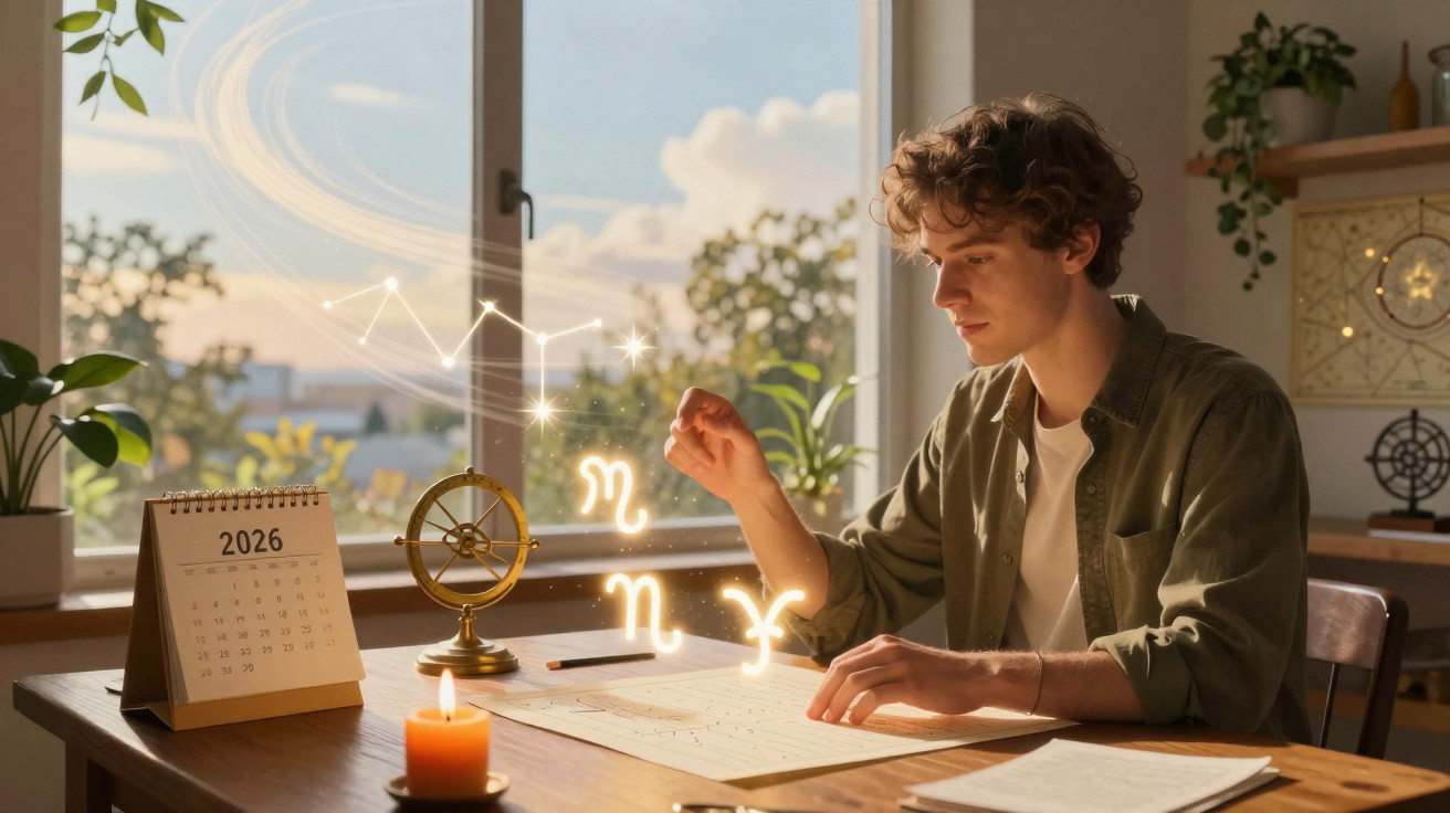 Jovem sentado à mesa com calendário 2026, estudando astrologia e símbolos zodiacais luminosos flutuantes.