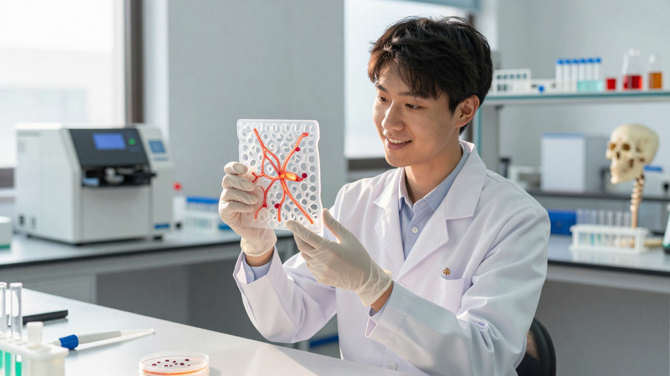 Cientista sorridente a analisar placa de laboratório com amostras vermelhas em laboratório moderno.