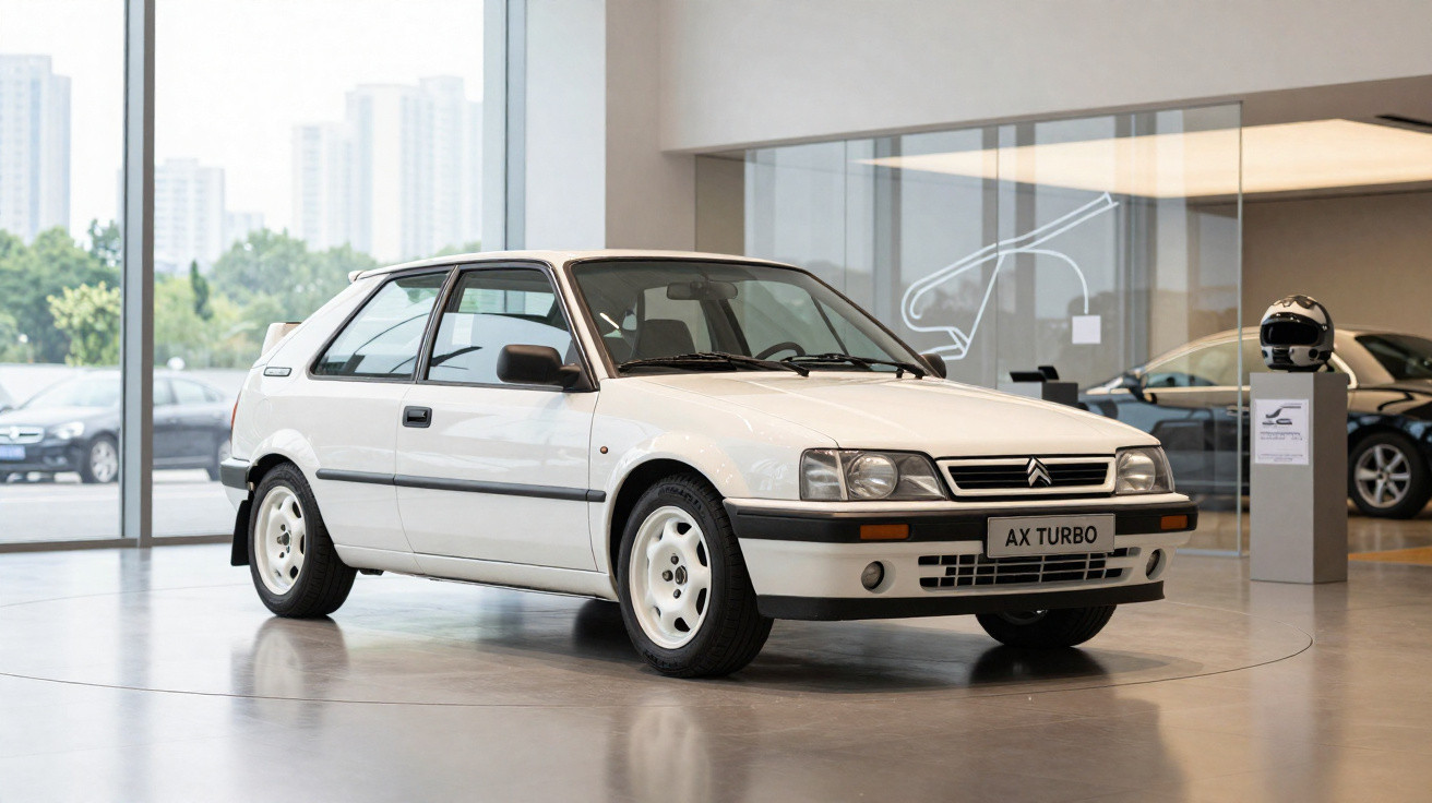 Carro Citroën AX Turbo branco exposto num espaço interior moderno com janelas grandes.