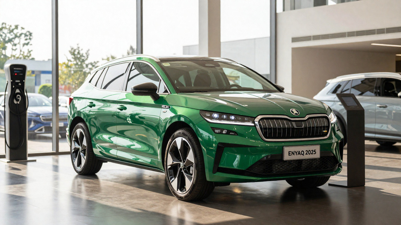 Carro elétrico verde Škoda Enyaq 2025 num showroom moderno com estação de carregamento.
