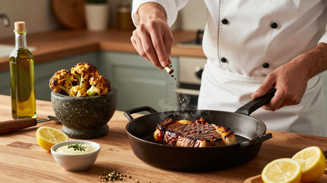 Chef tempera bife numa frigideira com legumes assados e limões numa bancada de cozinha.