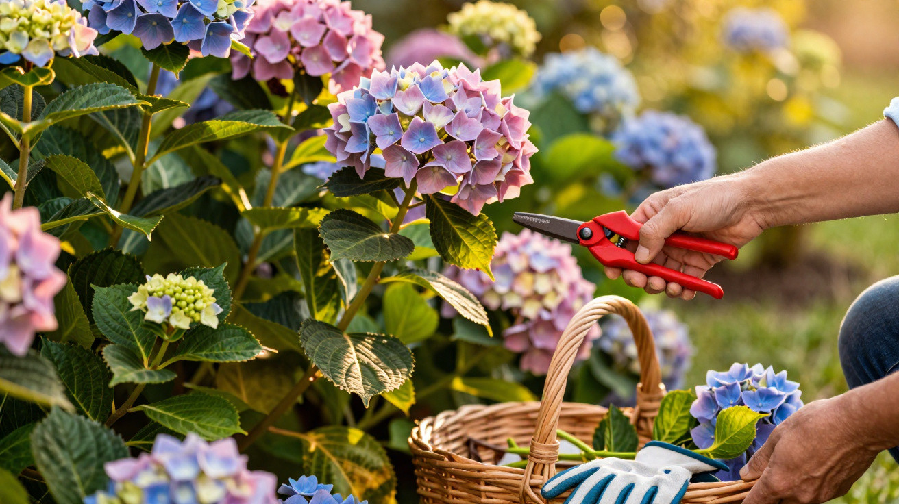 Pessoa a colher flores hortênsias cor-de-rosa e lilás num jardim ensolarado com tesoura de poda e cesta.