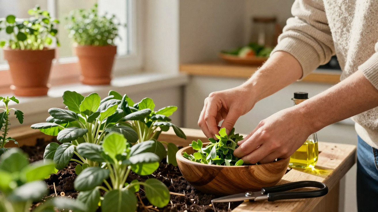 Pessoa a colher folhas verdes frescas numa taça de madeira numa cozinha com plantas em vaso.