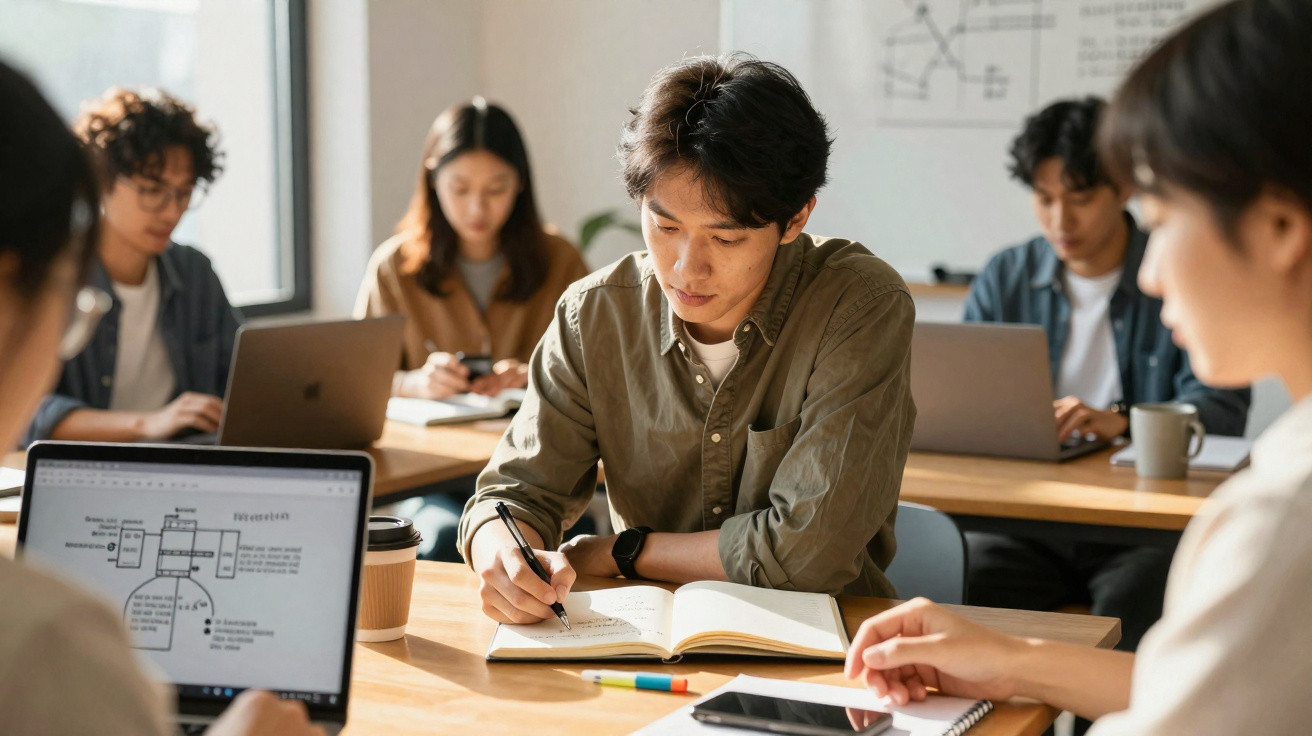 Estudantes asiáticos a tomar notas e a trabalhar com computadores numa sala de aula luminosa.