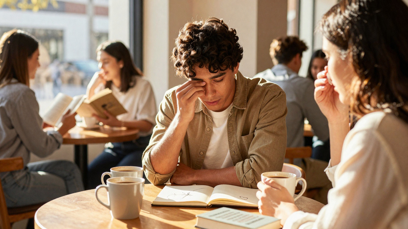 Jovem concentrado a estudar numa mesa de café com amigos a ler e beber chá ao fundo.