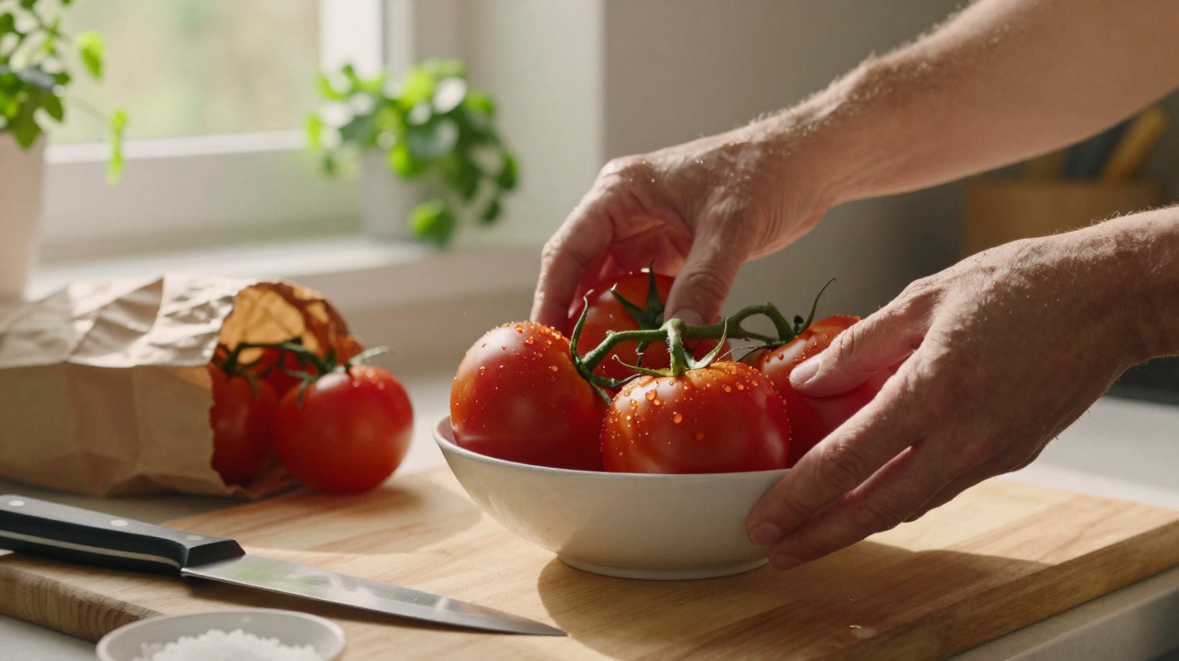 Mãos a colocar tomates vermelhos numa tigela branca numa cozinha com tábua de madeira e faca.