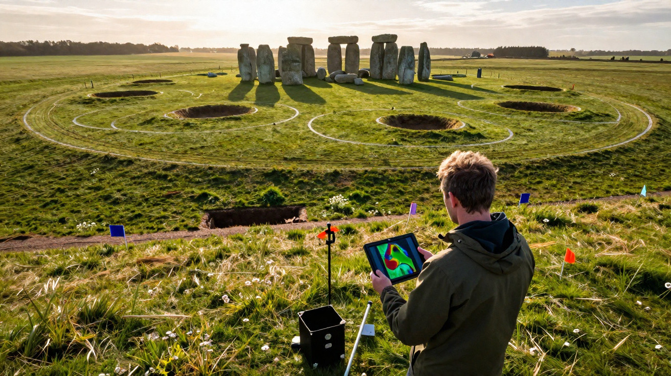 Pessoa a analisar dados digitais junto ao monumento de Stonehenge numa paisagem campestre ao pôr do sol.