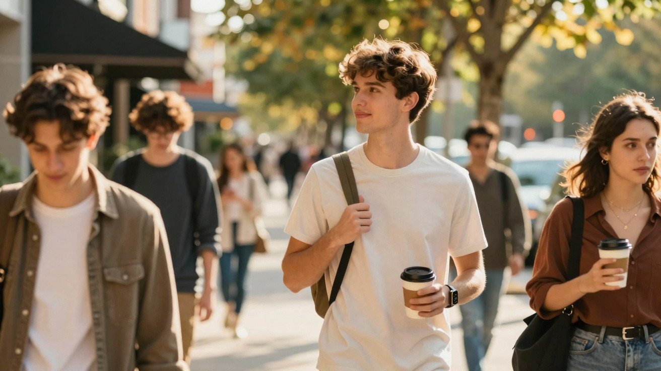 Jovens a caminhar numa rua com copos de café para viagem em dia ensolarado de outono.