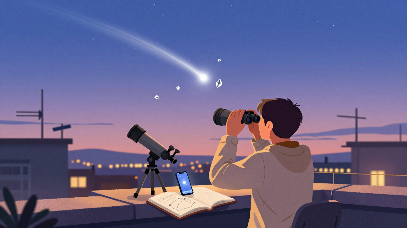Jovem observa com binóculos um cometa no céu ao entardecer, com telescópio e livro num terraço urbano.