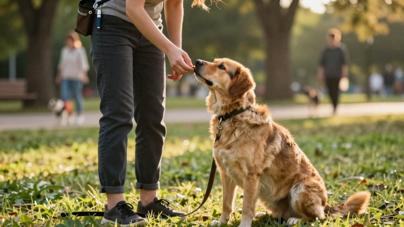 Pessoa a dar um petisco a um cão Golden Retriever sentado num parque durante o dia.