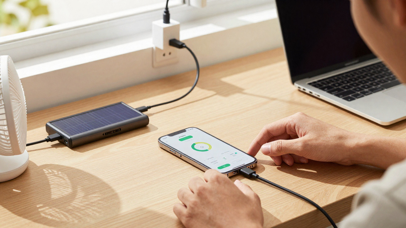 Pessoa a gerir consumo de energia no telemóvel ligado a powerbank solar numa secretária com portátil.