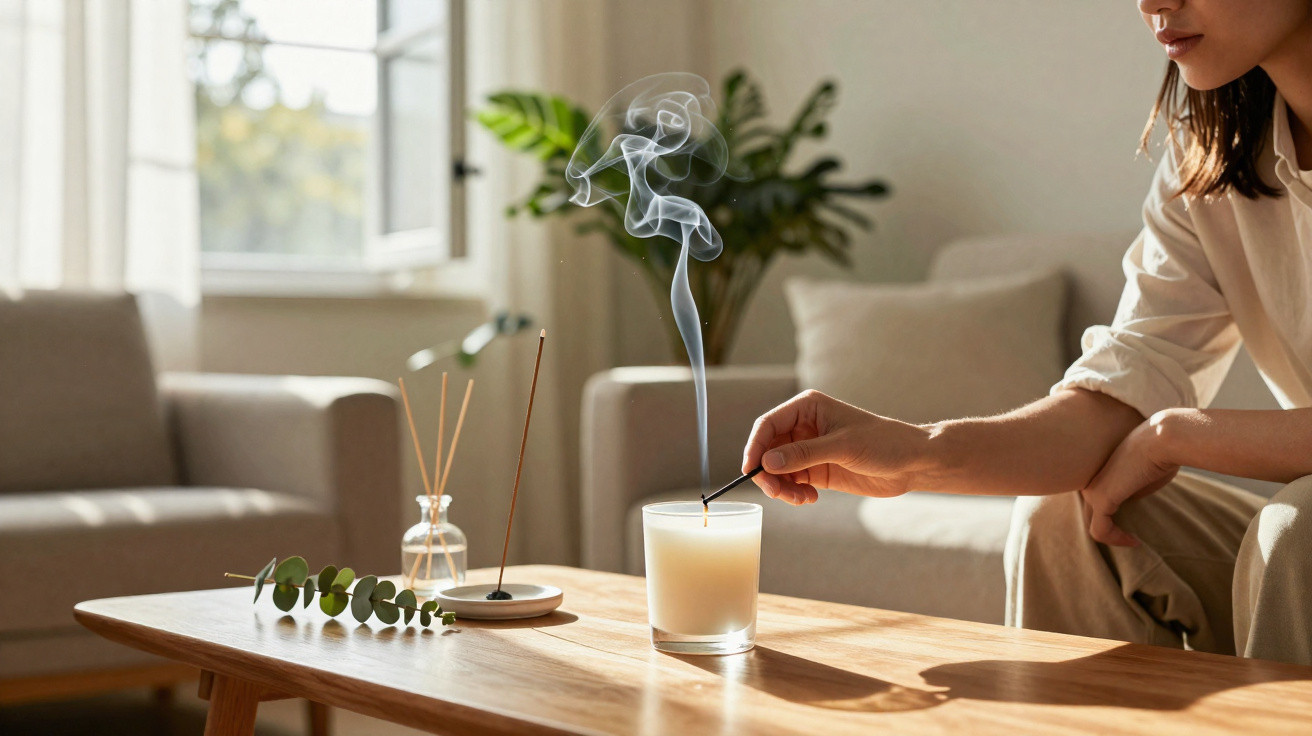 Pessoa acende incenso num ambiente acolhedor com luz natural e decoração minimalista.