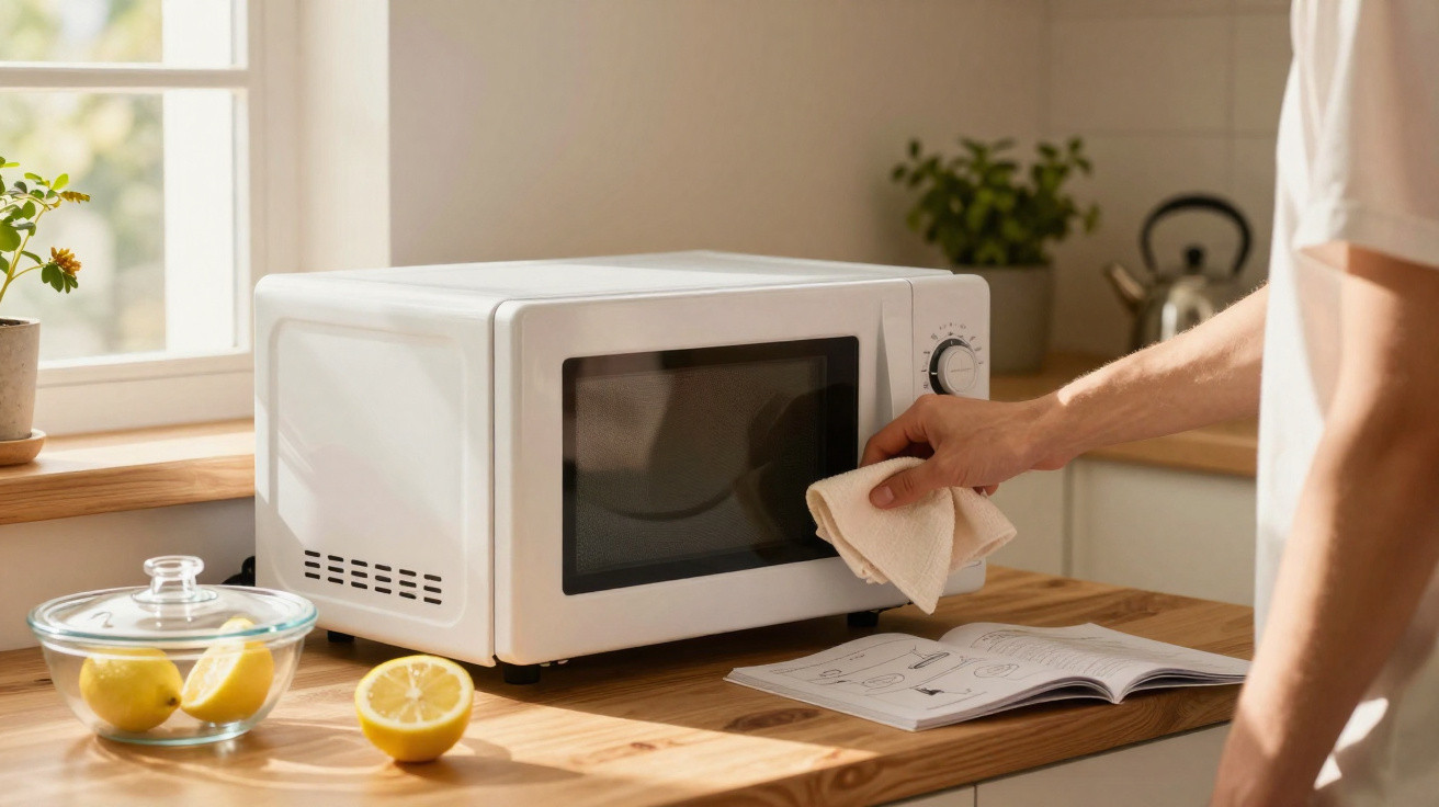 Pessoa a limpar micro-ondas branco numa cozinha iluminada com limões e plantas na bancada.