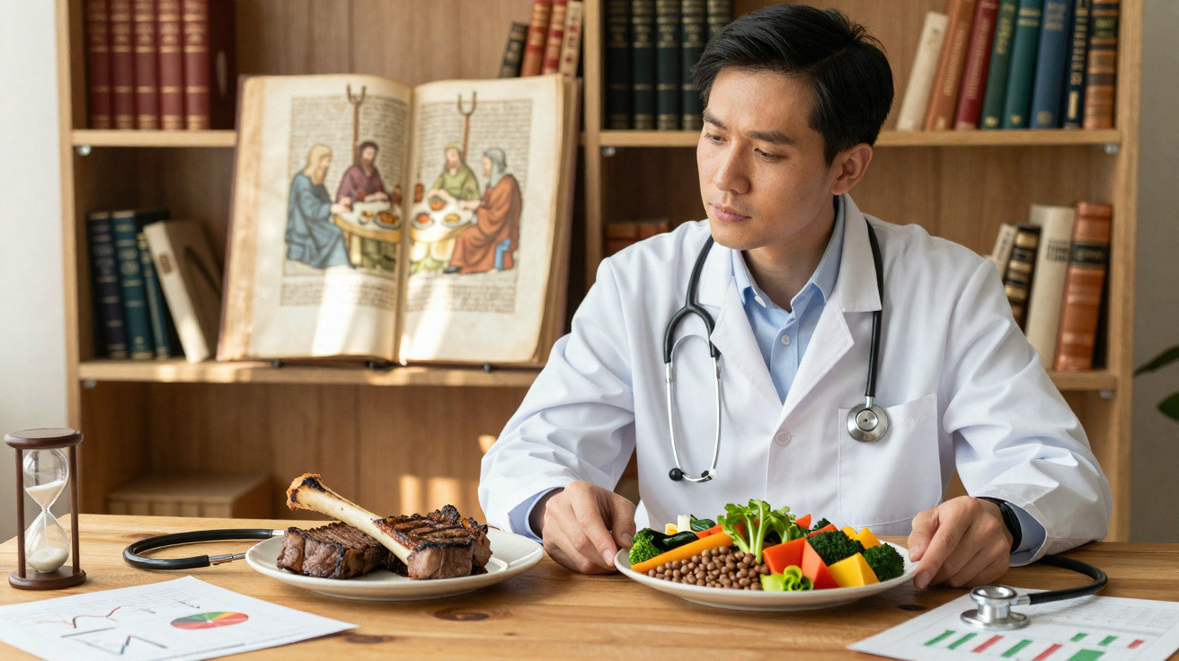 Médico asiático a refletir entre pratos de carne e legumes saudáveis numa mesa com gráficos e livro antigo.
