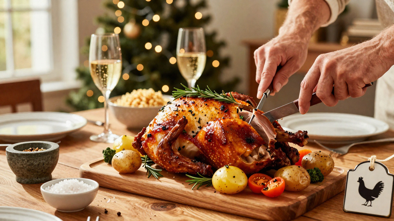 Pessoa a cortar um peru assado com batatas pequenas e tomate cherry numa mesa decorada para Natal