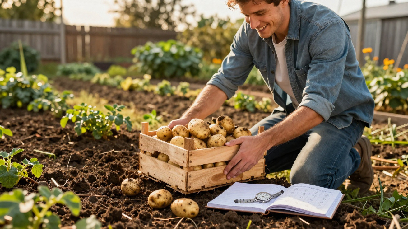 Homem a apanhar batatas numa quinta, com caixa de madeira e caderno aberto no solo.