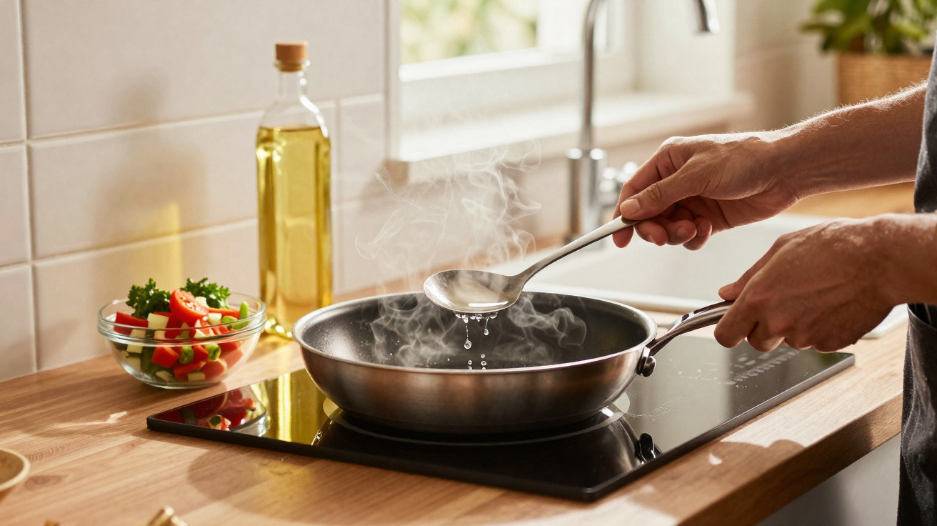 Mãos a verter óleo quente numa frigideira fumegante sobre um fogão numa cozinha moderna.