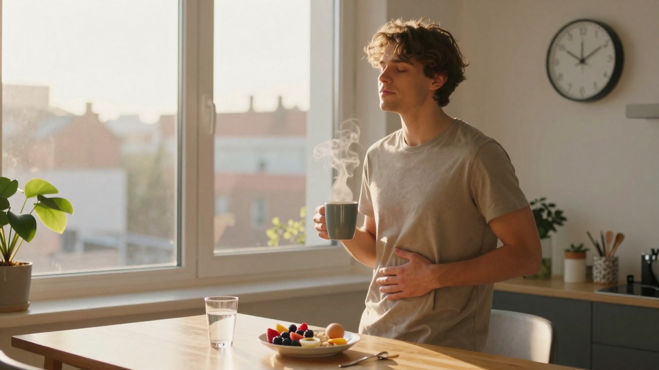 Jovem de olhos fechados tomando chá ou café quente na cozinha, segurando a barriga com a outra mão.