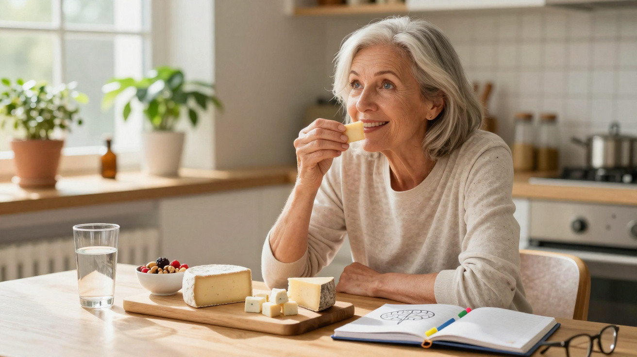 Mulher idosa a saborear queijo sentada à mesa de cozinha com tábuas de queijos, fruta e caderno.