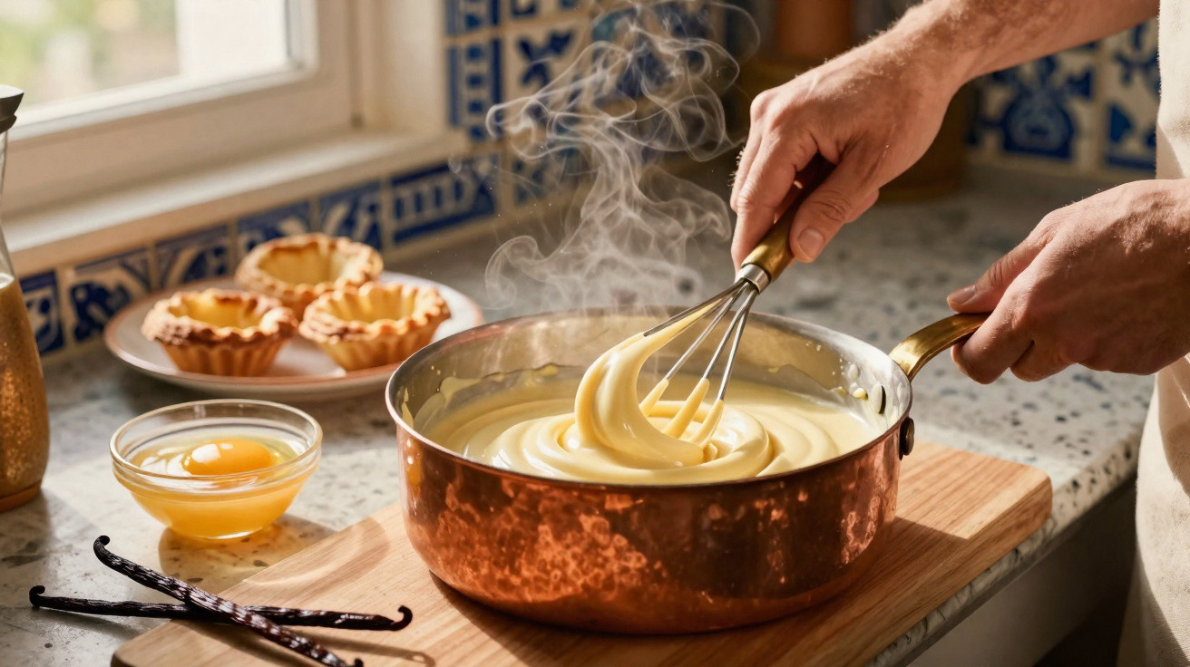 Mãos mexem creme quente numa caçarola de cobre com vapor, ao lado de ovos, favas de baunilha e tartes.