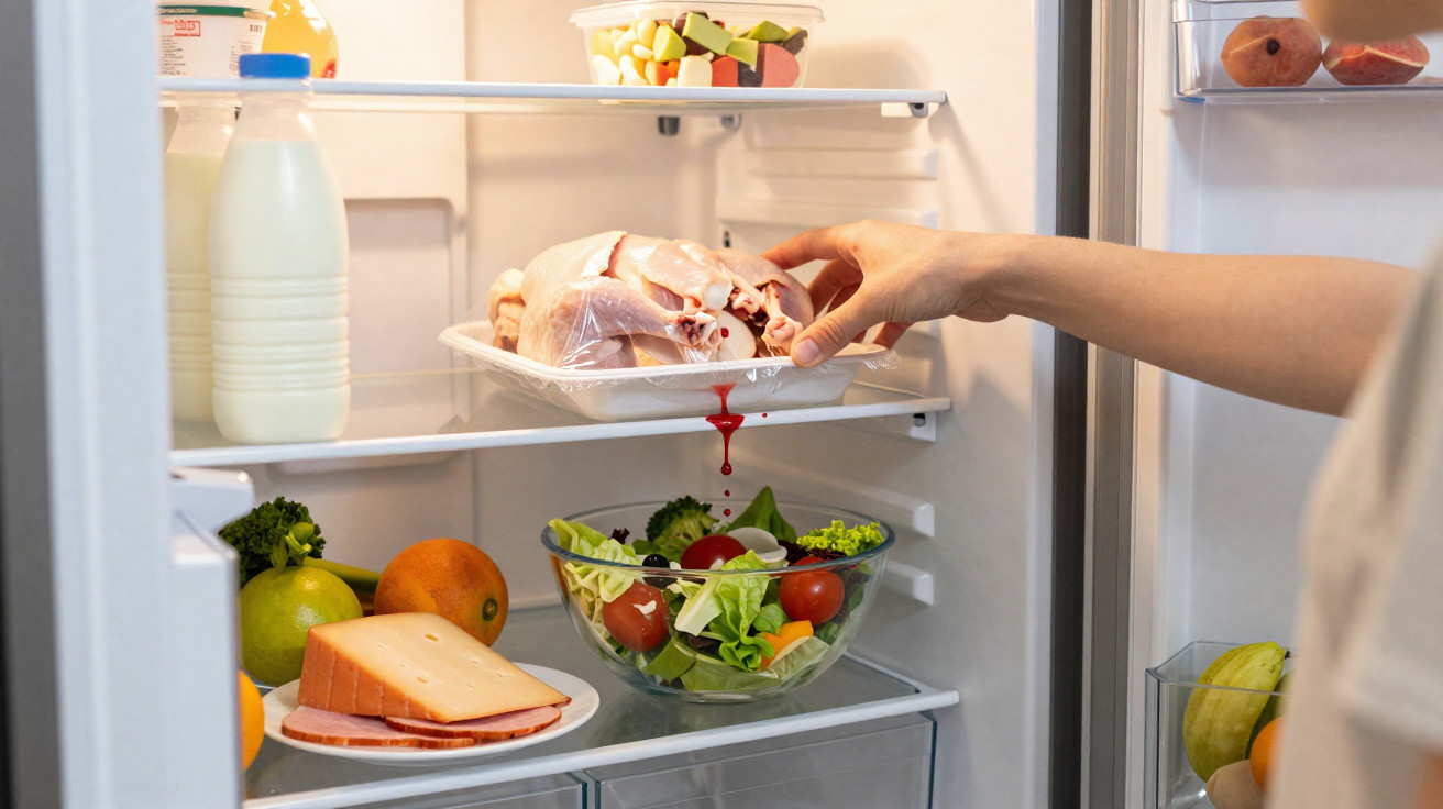 Mão a retirar frango cru de frigorífico, com líquido a pingar para dentro do aparelho cheio de comida.