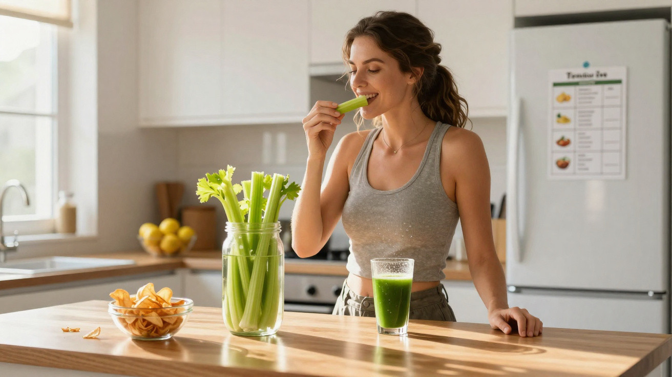 Mulher jovem a comer aipo e ao lado copo de sumo verde numa cozinha moderna e iluminada.