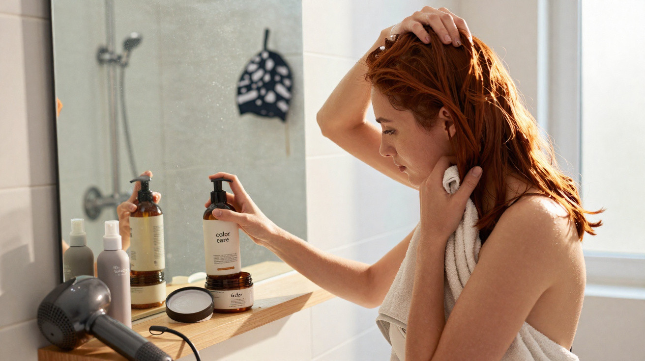 Mulher com toalha no banho a escolher produto para cuidado do cabelo em frente a espelho.
