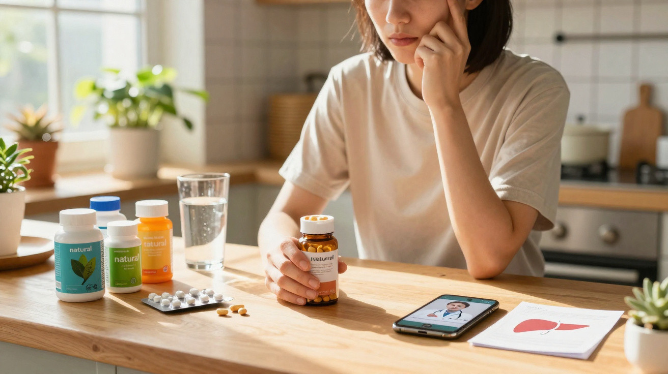 Mulher a segurar frasco de suplementos naturais numa cozinha, com medicamento, água e consulta médica no telemóvel.