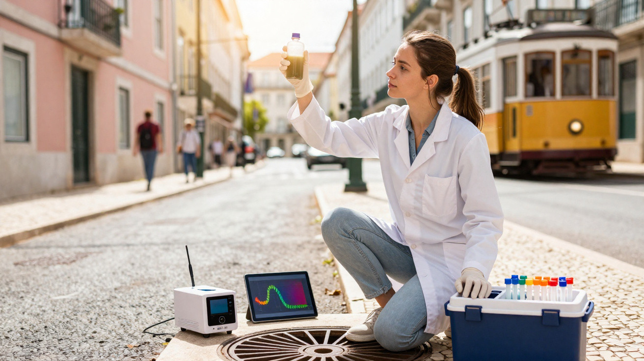 Cientista em bata branca analisa amostra líquida junto a equipamento e carrinho de laboratório numa rua urbana.