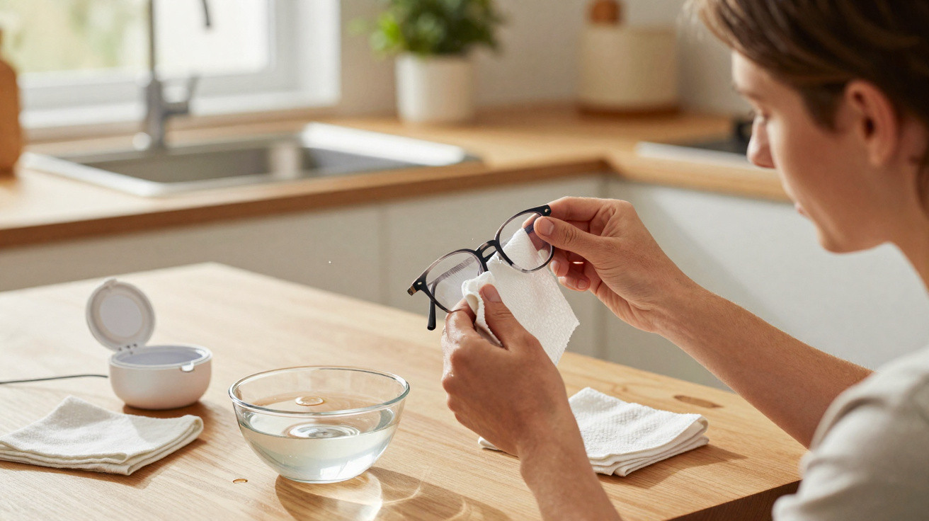 Pessoa a limpar óculos com um pano branco numa cozinha luminosa junto a uma bacia de água.