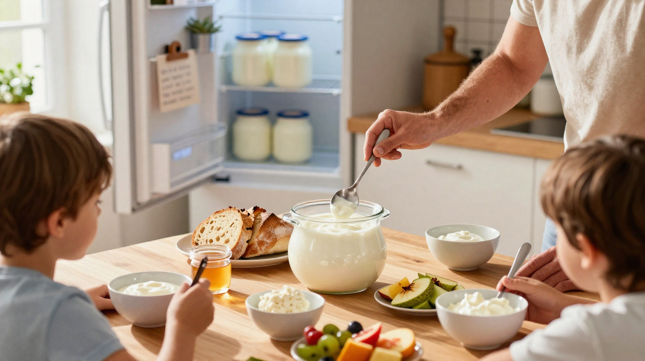 Crianças e adulto na cozinha, a servir iogurte e frutas numa mesa com pão e mel.