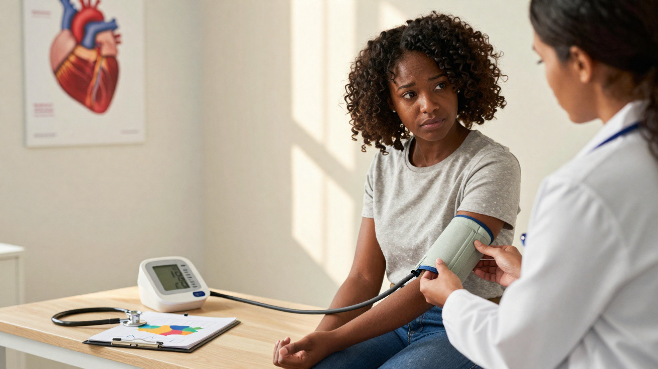 Mulher negra a ter a tensão arterial medida por médica numa clínica com modelo anatómico do coração na parede.