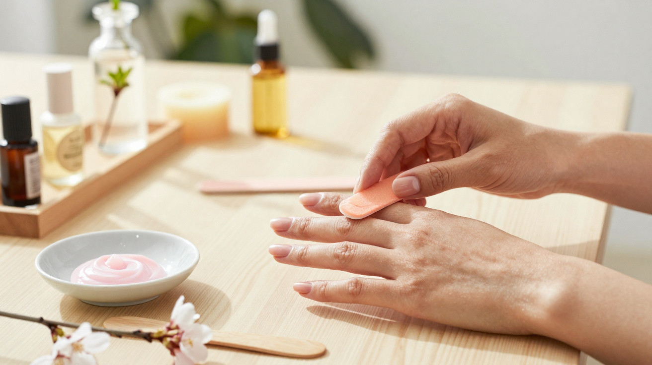 Mãos femininas a cuidar das unhas com lima rosa e cremes num ambiente tranquilo e natural.