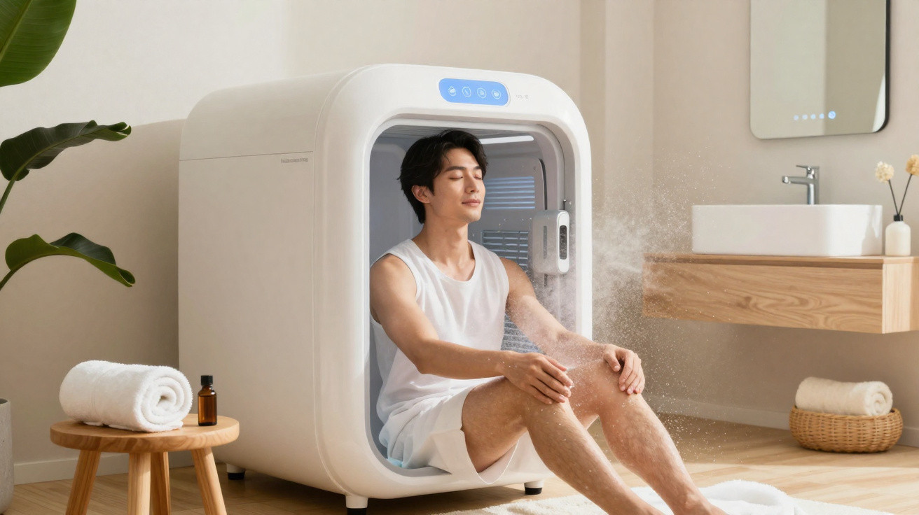 Homem sentado dentro de cabine de sauna a vapor, relaxando numa casa moderna e luminosa.
