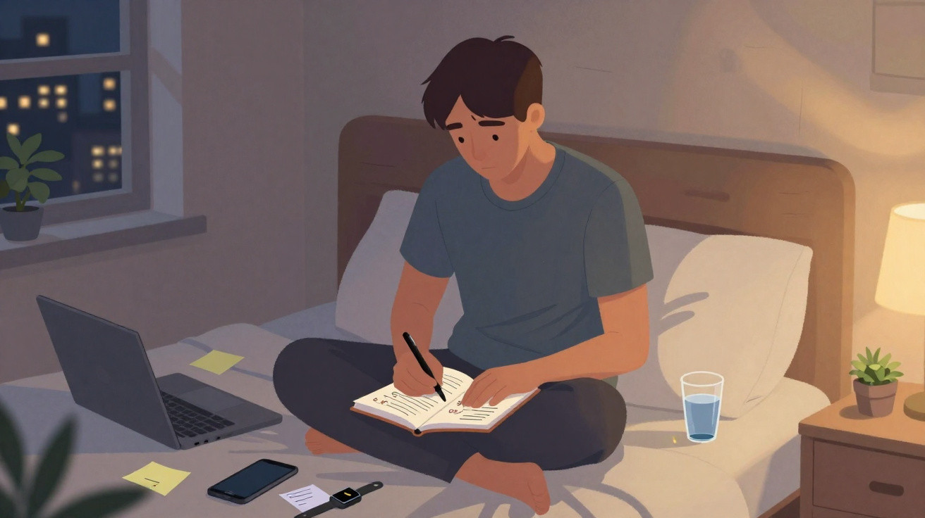Jovem sentado na cama à noite a escrever num diário, com computador portátil, telemóvel e copo de água ao lado.
