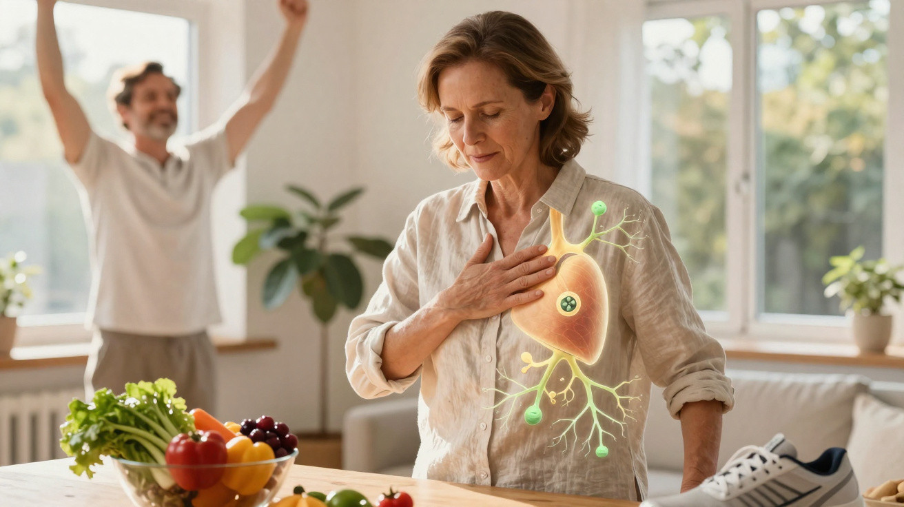 Mulher a tocar no peito com ilustração do fígado, ambiente doméstico com frutas e homem ao fundo com braços no ar.