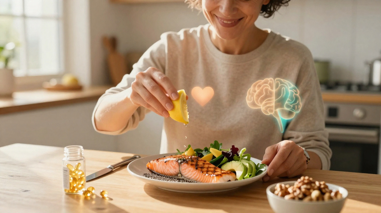 Mulher a espremer limão sobre salmão grelhado e salada, com cápsulas e ícones de coração e cérebro.