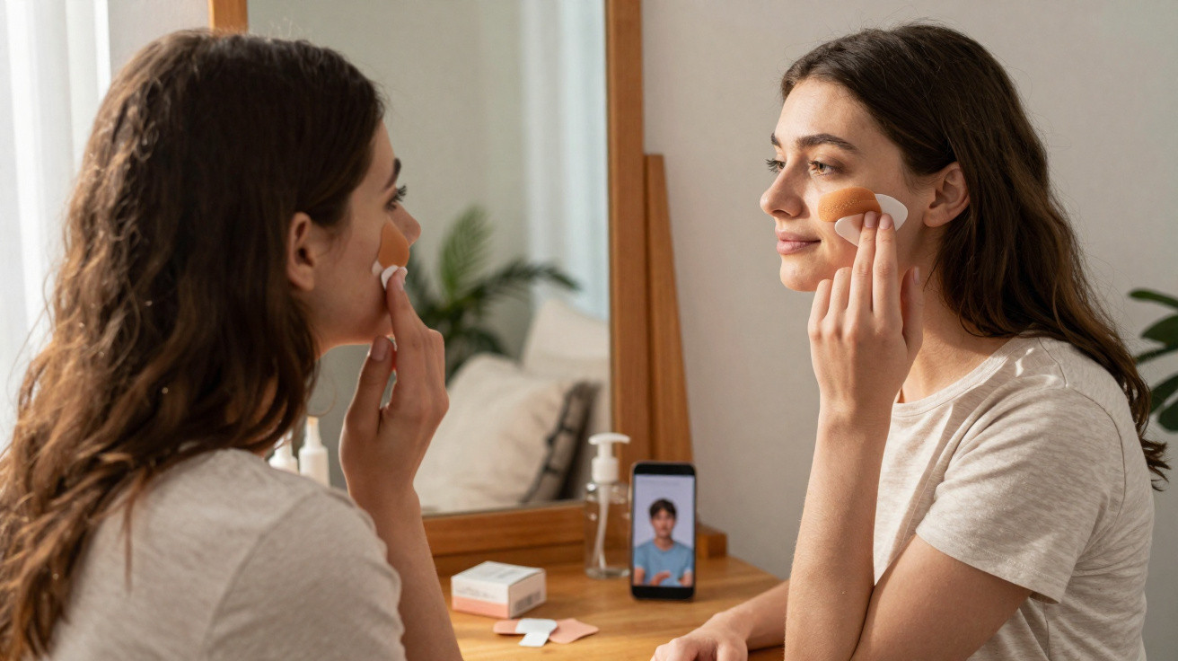 Mulher a aplicar máscara facial com espátula enquanto se olha ao espelho numa decoração simples.