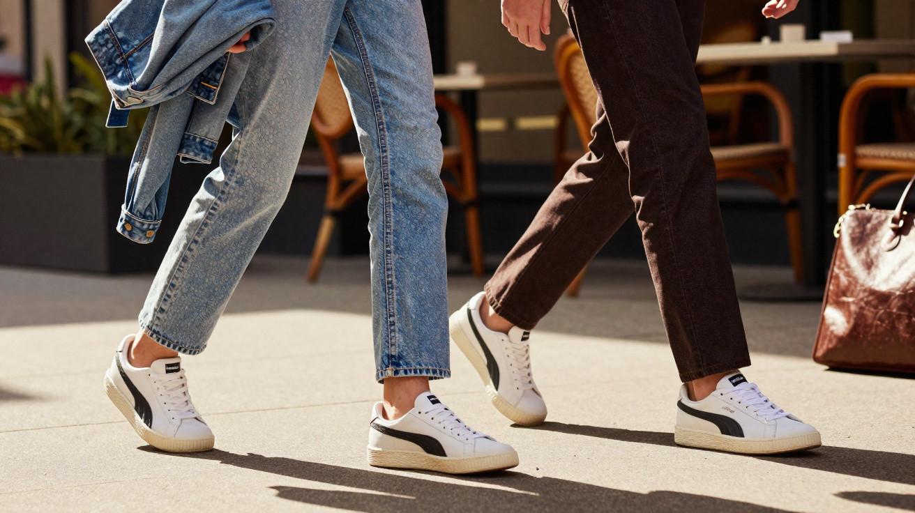 Duas pessoas a caminhar na rua com calçado desportivo branco e roupa casual.