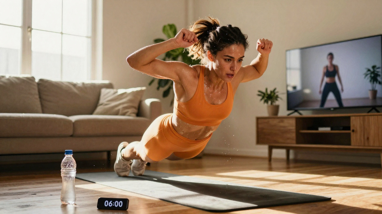 Mulher a fazer exercício intenso em casa, a seguir treino online na televisão, com garrafa de água e relógio digital.