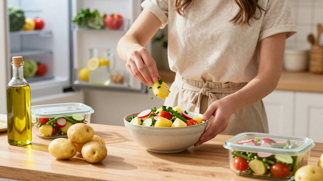 Pessoa a preparar salada fresca com batatas, tomates cherry e ervas numa cozinha luminosa.