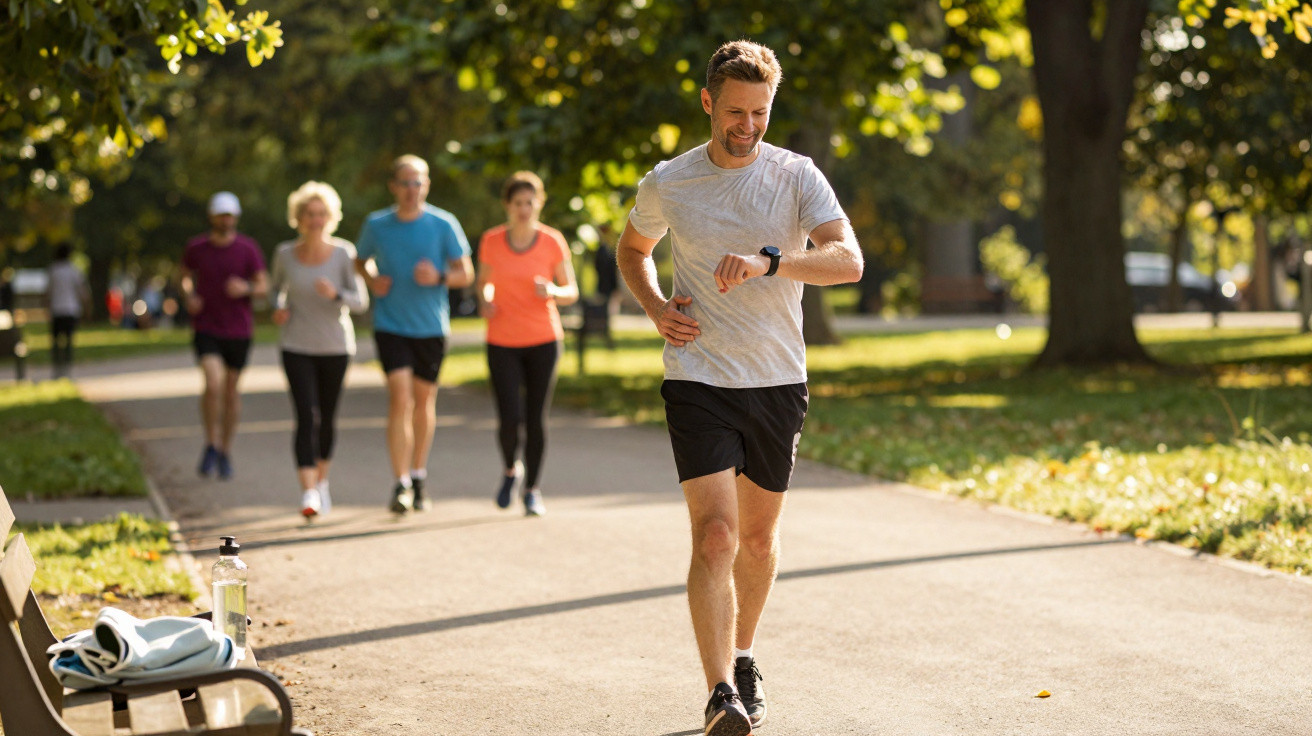 Homem a correr e olhar relógio num parque com outras pessoas a caminharem ao fundo.