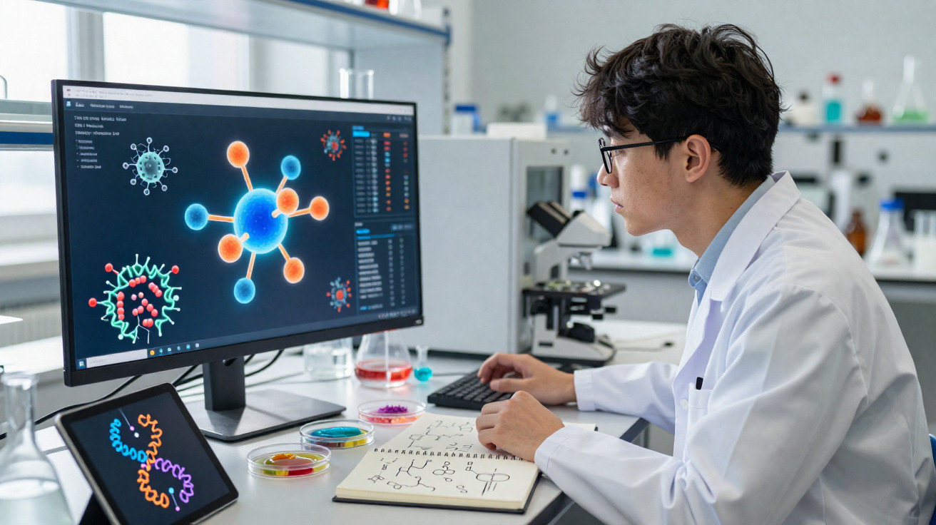 Cientista em laboratório a analisar imagens e dados de vírus no computador e desenho de moléculas num caderno.