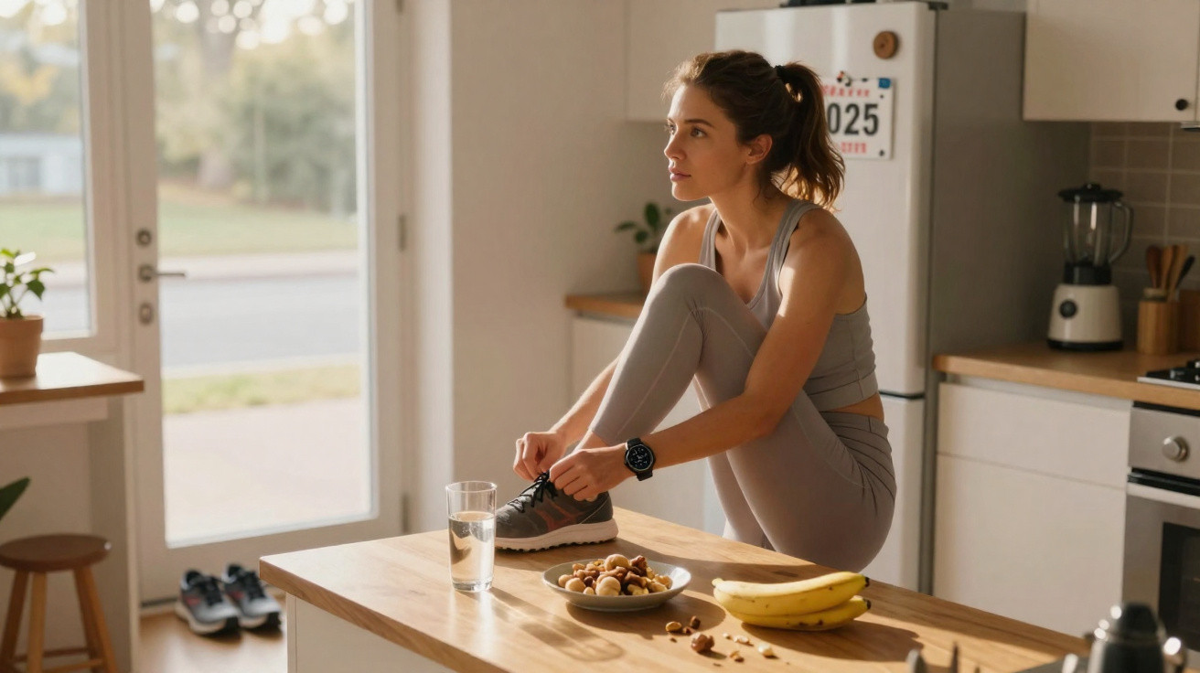 Mulher com roupa desportiva a calçar ténis sentada numa cozinha moderna junto à mesa com frutas e frutos secos.