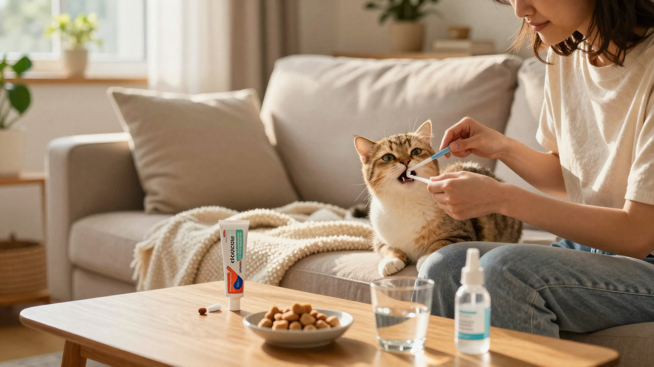 Mulher a dar medicação oral a um gato sentado no sofá num ambiente doméstico acolhedor.