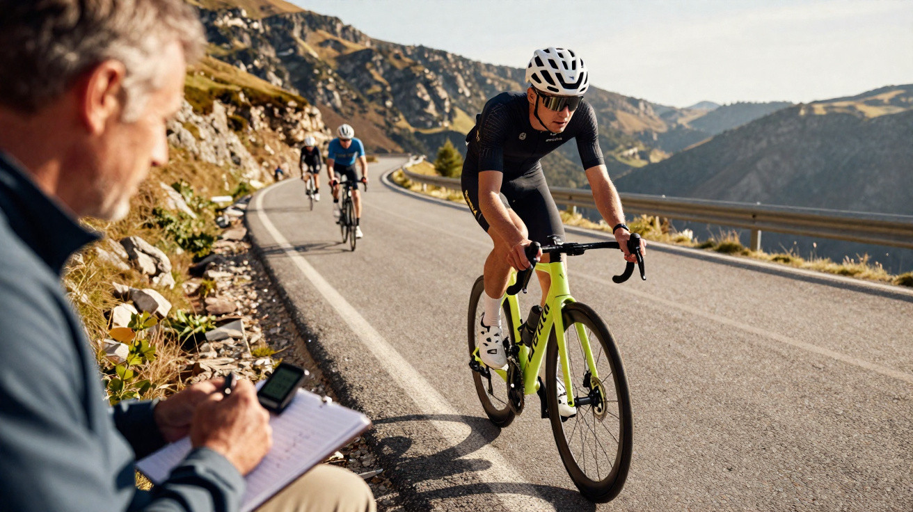 Ciclistas em estrada montanhosa com homem a anotar resultados numa prancha à beira da via.